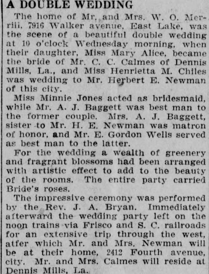 Mary Alice-C.C. Calmes and Henrietta M. Chiles-Herbert E. Newman